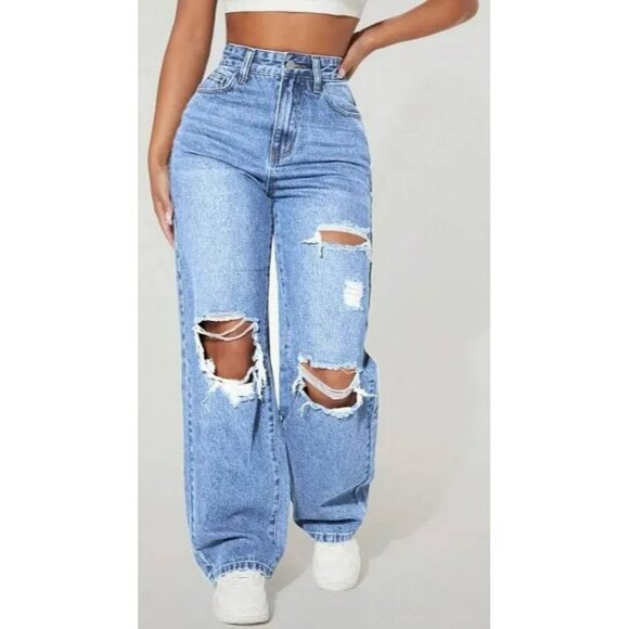 Blue Savvy Womens Distressed High-Waisted Mom Jeans Recycled Fiber Light Wash Si - Picture 1 of 7
